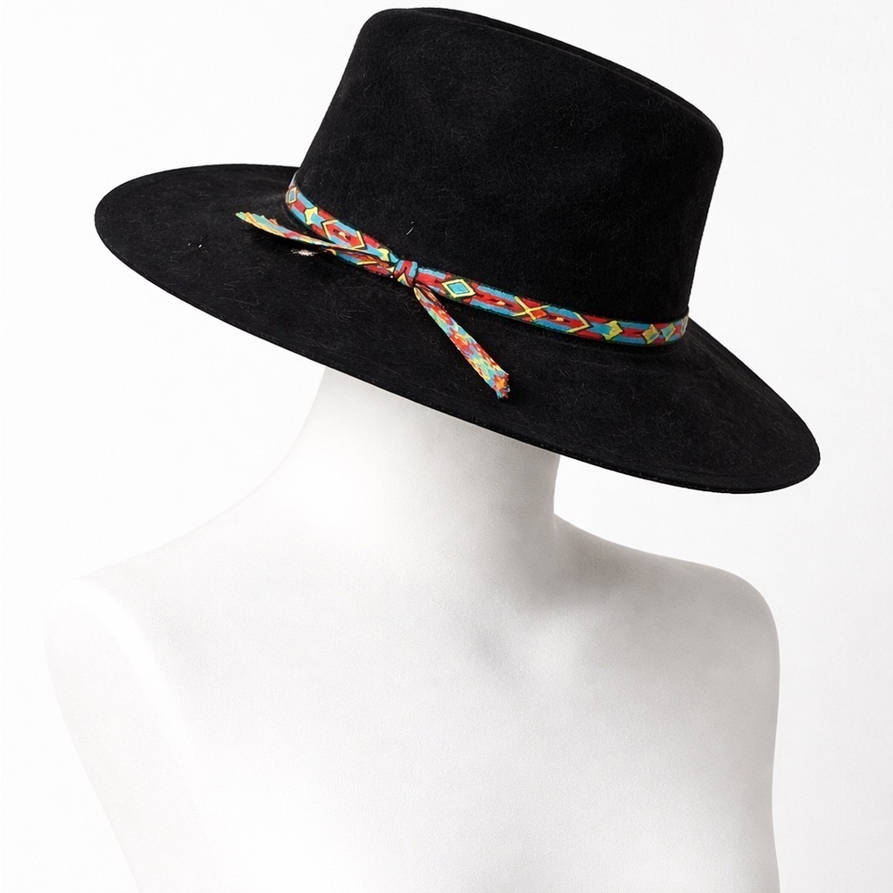 Black Wool Fedora Hat w/ Colorful Woven Band Boho Western Prairie